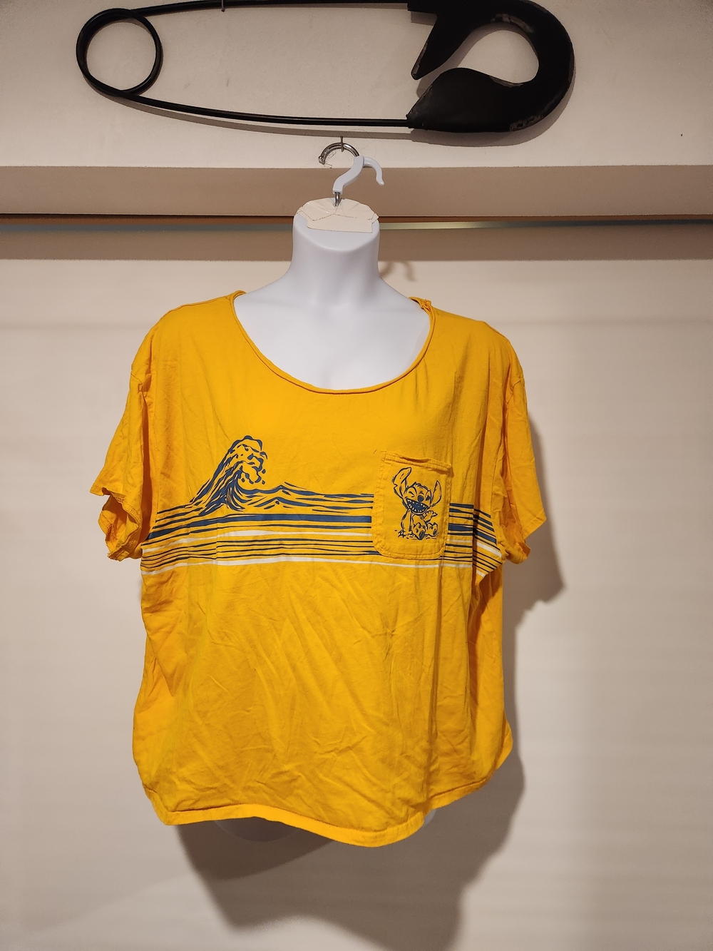 Disney Yellow Short Sleeve Graphic Stitch Tee with Navy Wave Print